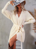 kkboxly  Solid Wrap Sweater Dress, Casual V Neck Long Sleeve Mini Dress, Women's Clothing