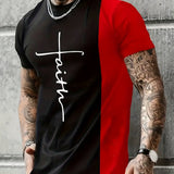 2025 kkboxly  Men's Faith Print Color Block T-Shirt - Stretchy Graphic Tee for Summer Casual Style