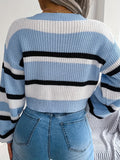 Striped Crew Neck Crop Sweater, Casual Long Sleeve Sweater For Spring & Fall, Women's Clothing
