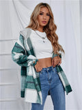 kkboxly  Plus Size Casual Coat, Women's Plus Colorblock Plaid Print Drawstring Hooded Long Sleeve Button Up Overcoat With Pockets