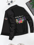 kkboxly Plus Size Men's "Jesus" & Flowers Print Baseball Jacket Oversized Band Collar Jacket For Fall Winter, Men's Clothing