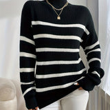 kkboxly  Striped Mock Neck Pullover Sweater, Casual Long Sleeve Sweater For Fall & Winter, Women's Clothing