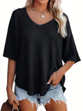kkboxly  Solid Elegant V Neck T-Shirt, Drop Shoulder Casual Top For Summer & Spring, Women's Clothing