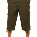 Men's Plain Zip Pocket Drawstring Hem Cargo Shorts For Spring And Summer