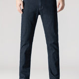Men's High Stretch Jeans For Business, Slim Fit Denim Pants With Pockets For Spring Fall