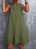 kkboxly  Round Neck Loose Big Swing Splicing Cake Dress, Casual Solid Color Sleeveless Waist Summer Dresses, Women's Clothing