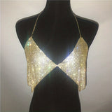 kkboxly  Sexy Sequins Crop Tops Bikini Rhinestones Halter Metal Chest Chain Backless Rave Club Wear Body Accessories Jewelry