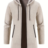 kkboxly  Warm Mid-length Hooded Fleece Coat, Men's Comfortable Solid Color Zip Up Knitted Cardigan For Spring Fall