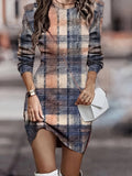 kkboxly  Plaid Print Crew Neck Dress, Casual Long Sleeve Bodycon Dress, Women's Clothing