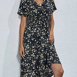 kkboxly  Floral Print V Neck Boho Dress, Slim Short Sleeve Casual Party Dress For Summer & Spring, Women's Clothing