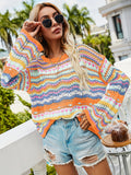kkboxly  Hollow Striped Knit Sweater, Casual Crew Neck Long Sleeve Sweater, Women's Clothing