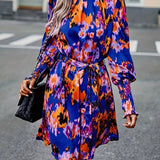 kkboxly Abstract Print Tucked Dress, Boho Long Sleeve Mock Neck Dress, Women's Clothing