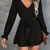 kkboxly  Solid V Neck Belted Romper Jumpsuit, Casual Long Sleeve Button Romper Jumpsuit, Women's Clothing