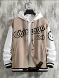 kkboxly Plus Size Men's "CHICAGO" Print Baseball Jacket Oversized Band Collar Jacket For Spring/autumn, Men's Clothing