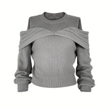 Elegant Cold Shoulder Solid Knit Sweater, Casual Crew Neck Long Sleeve Sweater, Women's Clothing