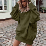 realaiot  Solid Drawstring Hoodie, Casual Long Sleeve Drop Shoulder Hoodie, Women's Clothing