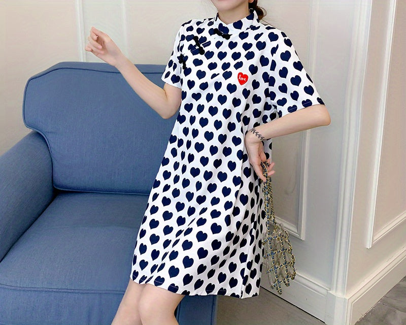 kkboxly  Hearts Print Cheongsam Dress, Short Sleeve Qipao Dress For Summer & Spring, Women's Clothing