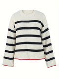 kkboxly Striped Crew Neck Loose Sweater, Elegant Long Sleeve Sweater For Fall & Winter, Women's Clothing