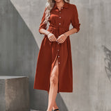 kkboxly  Elegant Belt Slit Dress, Long Sleeve Solid V-neck Single Breasted Fashion Waist Fall & Winter Dresses, Women's Clothing