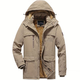 kkboxly Warm Fleece Flap Pocket Jacket For Fall Winter, Men's Casual Hooded Windbreaker Jacket For Outdoor Climbing Camping