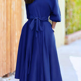 kkboxly  Solid One Shoulder Belted Dress, Elegant Lantern Sleeve Dress, Women's Clothing