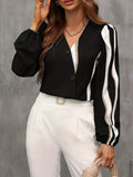 kkboxly Striped Print Contrast Blouse, Casual Button Front Long Sleeve Blouse, Women's Clothing