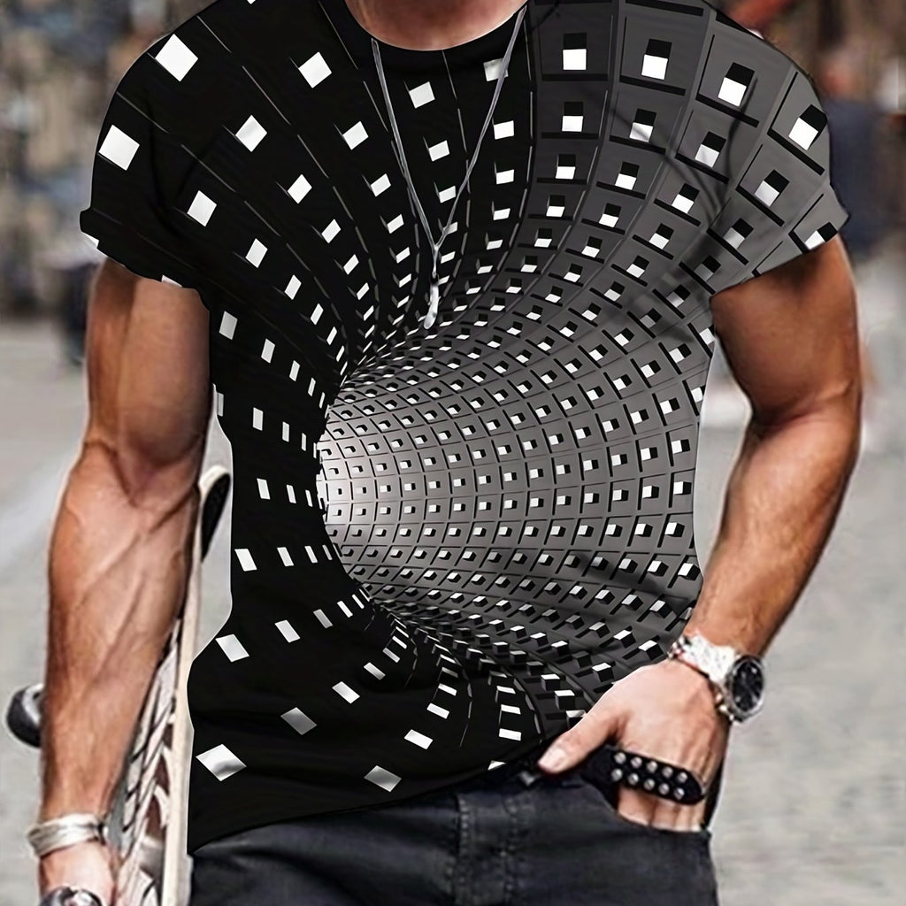 kkboxly  Optical Illusion, Men's Novelty T-shirt, Trendy Short Sleeve Tees For Summer