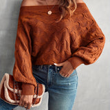 kkboxly  Solid Off Shoulder Pullover Sweater, Casual Lantern Sleeve Loose Sweater, Women's Clothing