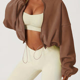 kkboxly  Zip Up Drop Shoulder Jacket, Casual Solid Long Sleeve Drawstring Crop Jacket For Fall, Women's Clothing