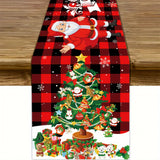 Christmas Tablecloth Decoration - 1PC Polyester Table Runner with Santa & Xmas Tree Design for Holiday Dinner, Machine Made Festive Table Decor, 70.8" x 13.8" - Red Checkered Seasonal Event Table Cover