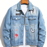 kkboxly  Men's Chic Ripped Denim Jacket, Casual Street Style Patchwork Denim Coat