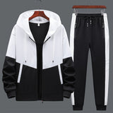 kkboxly  2pcs Men's Casual Zip-up Hooded Jacket And Color Block Jogger Pants With Zip Pockets