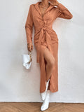 kkboxly  Solid Draped Lapel Button Front Tie Waist Dress, Elegant Long Sleeve Lightweight Split Maxi Dress, Women's Clothing