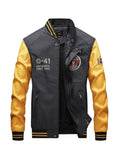 kkboxly Men's Casual Pockets "R" Print Zipper Long Sleeves Baseball Collar PULeather Jacket