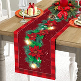 Festive Santa Claus Christmas Table Runner - Red and Black Plaid Holiday Dining Decor, Polyester Woven Christmas Table Decoration