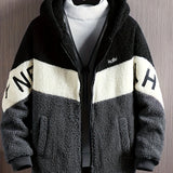 kkboxly  Men's Color Block Polar Fleece Hooded Coat For Fall Winter