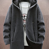 kkboxly  Warm Mid-length Hooded Fleece Coat, Men's Comfortable Solid Color Zip Up Knitted Cardigan For Spring Fall