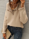 kkboxly  Solid V Neck Button Ruffle Hem Pullover Sweater, Casual Long Sleeve Sweater For Fall & Winter, Women's Clothing