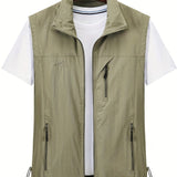 kkboxly  Zipper Pockets Cargo Vest, Men's Casual Outwear Stand Collar Zip Up Vest For Spring Summer Outdoor Fishing Photography