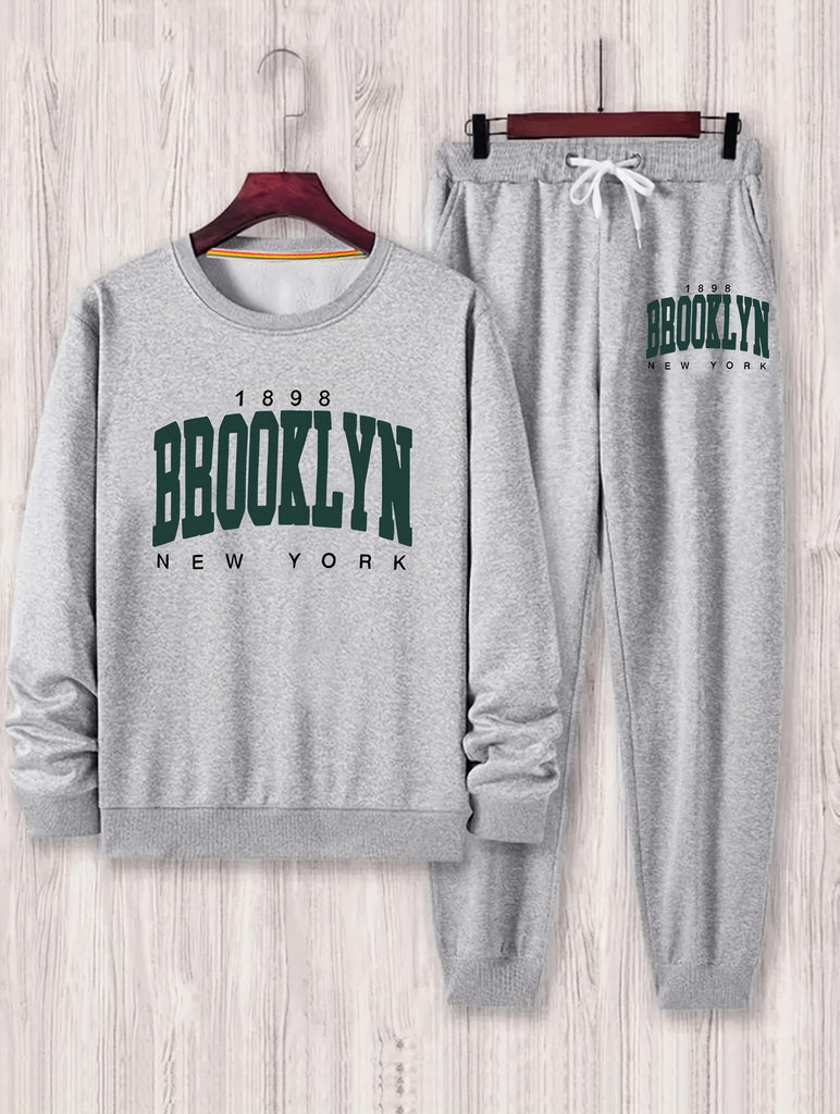 kkboxly  BROOKLYN Print, Men's 2Pcs Outfits, Casual Crew Neck Long Sleeve Pullover Sweatshirt And Drawstring Sweatpants Joggers Set For Spring Fall, Men's Clothing