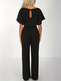 2025 kkboxly  Tie Waist Wide Leg Jumpsuit, Casual Short Sleeve Crew Neck Jumpsuit, Women's Clothing