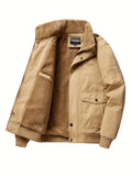 kkboxly  Men's Casual Warm Thick Jacket, Chic Cotton Stand Collar Flap Pocket Jacket For Fall Winter