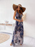 kkboxly  Boho Tropical Print Drawstring Dress, Casual Sleeveless V Neck Slim Waist Maxi Dress, Women's Clothing