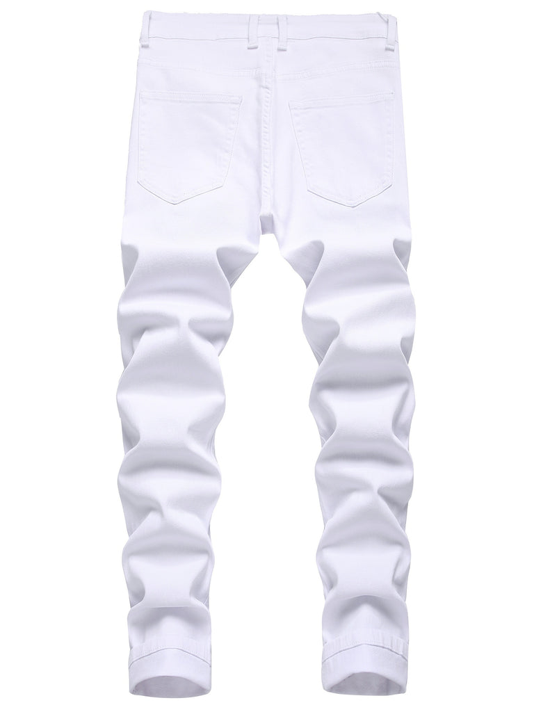 kkboxly  Men's Casual Ripped Slim Fit White Cotton Jeans