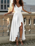 kkboxly  Asymmetrical Ruffle Hem Split Dress, Solid Sleeveless Ruched Dress For Party, Women's Clothing
