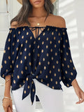 kkboxly  Plus Size Elegant Top, Women's Plus Sunflower Print Off Shoulder Drawstring Lantern Sleeve Cut Out Top
