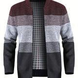 kkboxly  Color Block Warm Zip Up Jacket Sweater, Men's Casual Stand Collar Mid Stretch Cardigan For Fall Winter