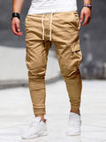 Trendy Solid Drawstring Cargo Pants, Men's Multi Flap Pocket Trousers, Loose Casual Outdoor Pants, Men's Work Pants Outdoors Streetwear Hip Hop Style