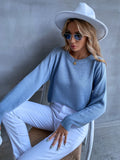 kkboxly  Women's Sweater Casual Solid Blue Crewneck Raglan Sleeve Loose Fall Winter Sweater