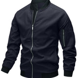 kkboxly  Classic Design Track Jacket, Men's Casual Baseball Collar Solid Color Zip Up Jacket For Spring Fall